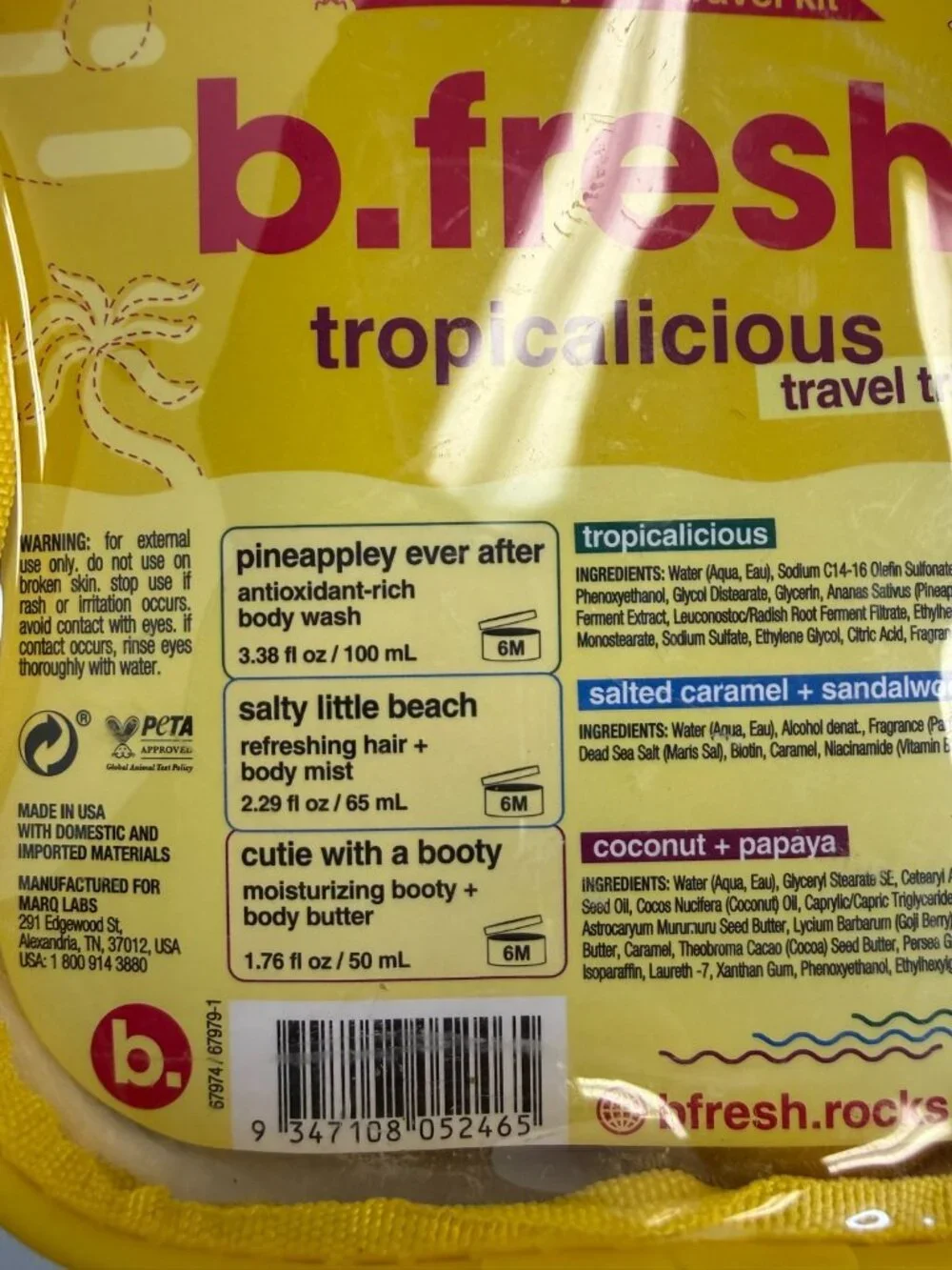 NIB b.fresh tropalicious travel trio mini body care kit in yellow zip case new